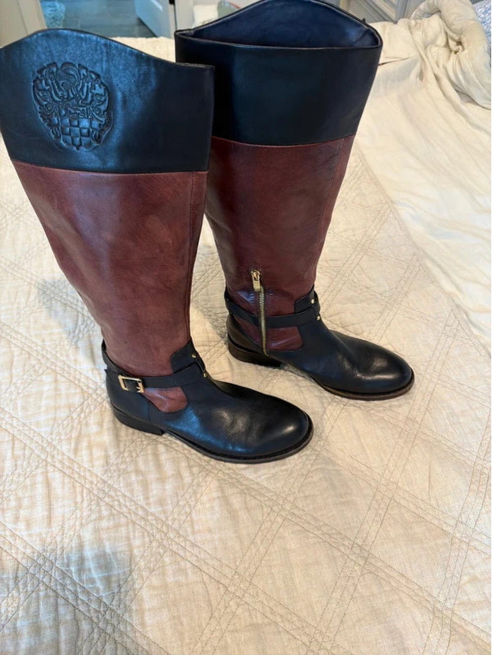 Vince Camuto Leather Riding Boots Black Brown Two Tone Knee High Buckle
